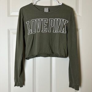 PINK Victoria's Secret Olive Green Long Sleeve Crop Top Women Size XS